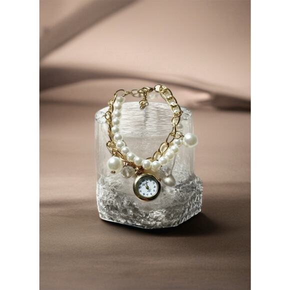 Ailisha Accessories - Coquette Pearl Charm Bracelet Watch | Gold Tone Crystal Dangle | New Battery